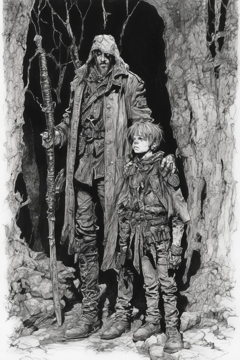 00193-793772964-John Blanche Style - messy pen and ink of a child warlock and their adult soldier thugs in a Grimdark fantasy setting inq28 in t.png